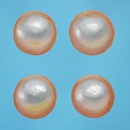 Light blue oil painting of four pearls.