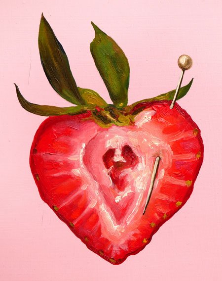 Light pink oil painting of a cut strawberry poked with sewing pin.