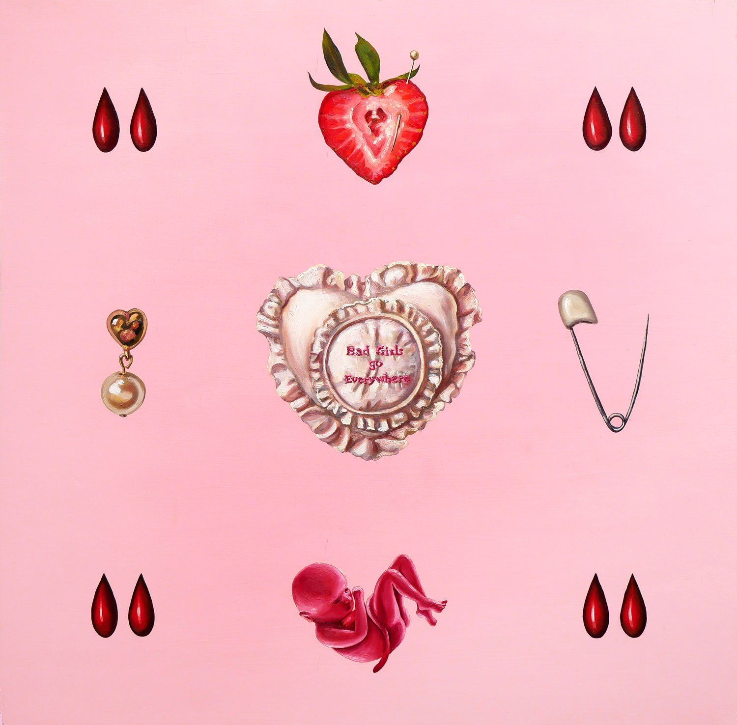 Light pink oil painting of blood drops, strawberry, earring, pillow, safety pin, and fetus.