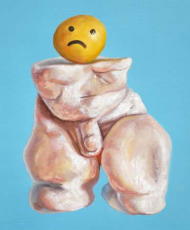 Light blue oil painting of a nude male clay sculpture with a sad face on top.