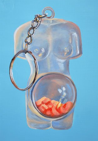 Light blue oil painting of a translucent pregnant woman keychain.