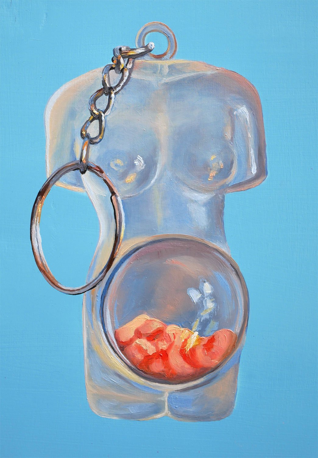 Light blue oil painting of a translucent pregnant woman keychain.