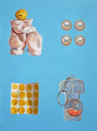 Light blue oil painting of a nude male sculpture with a sad face on top, pearls, smiley face stickers, and a pregnant keychain.