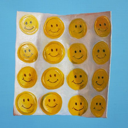 Light blue oil painting of a sheet of smiley face stickers.