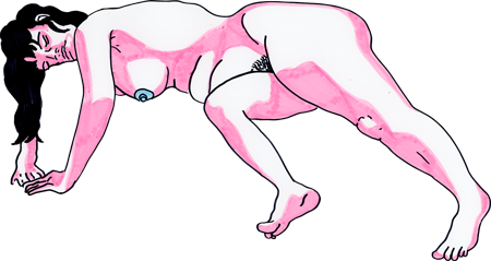 Drawing of a reclining female nude, done with pink Crayola Supertip markers and Sharpie, with light blue accents.