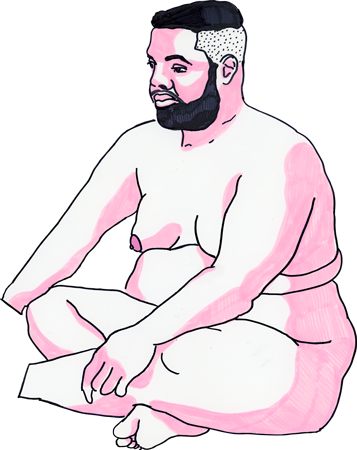 Drawing of a nude man sitting cross-legged, done with pink Stabilo pastel highlighter, hot pink accents, and Sharpie.