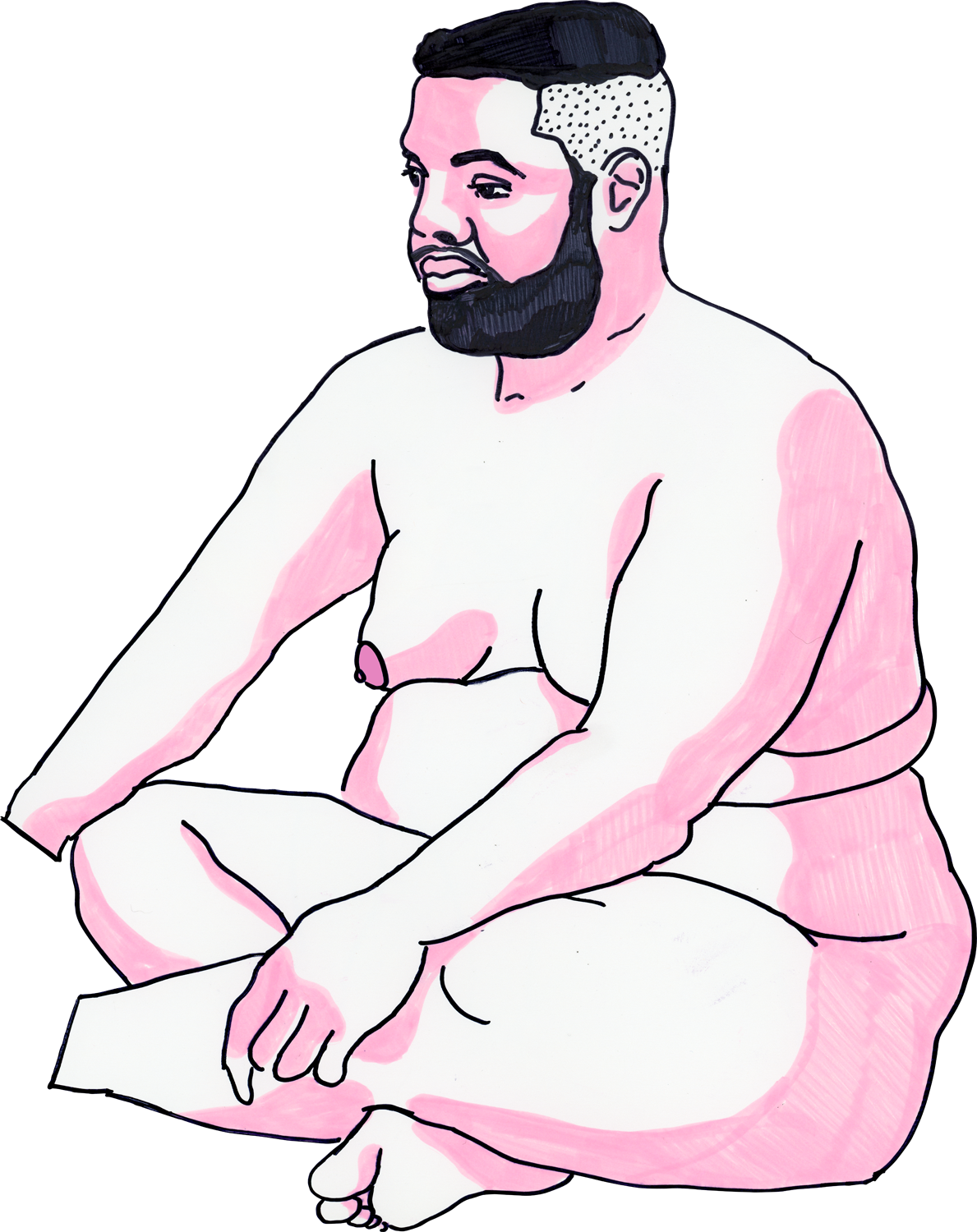 Drawing of a nude man sitting cross-legged, done with pink Stabilo pastel highlighter, hot pink accents, and Sharpie.