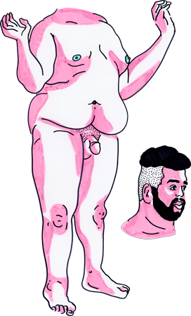 Drawing of a nude man's body next to a drawing of his head, done with pink Crayola Supertip markers and Sharpie, with teal accents.